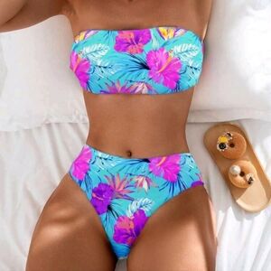 Floral Bandeau Bikini Set - Blue and Purple